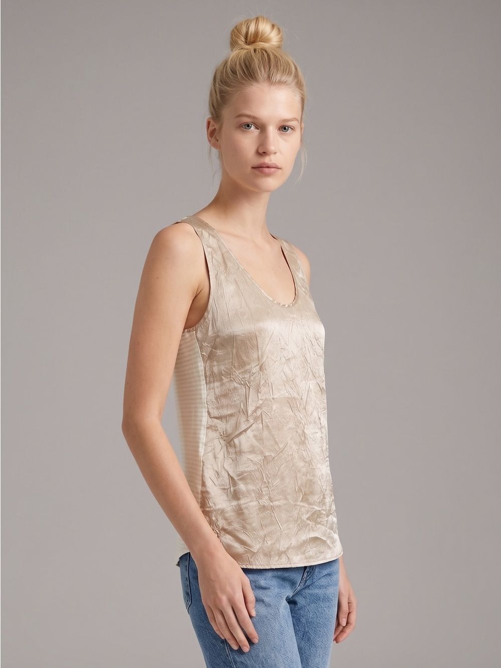 West Kei Vintage Y2K Sleeveless Satin Long Line Tank in Champagne Back Panel. S